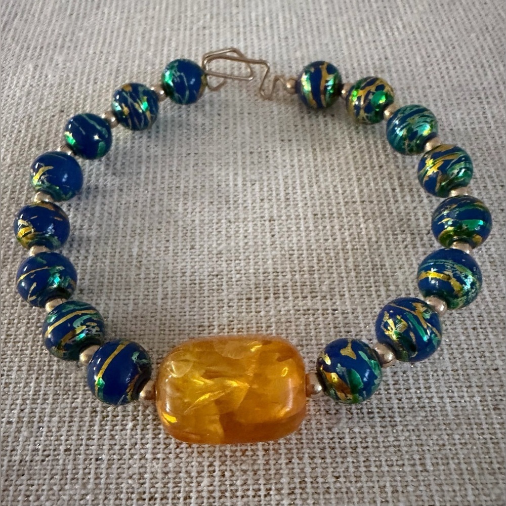 Blue and Gold Glass Bead Bracelet with Amber Focal Bead